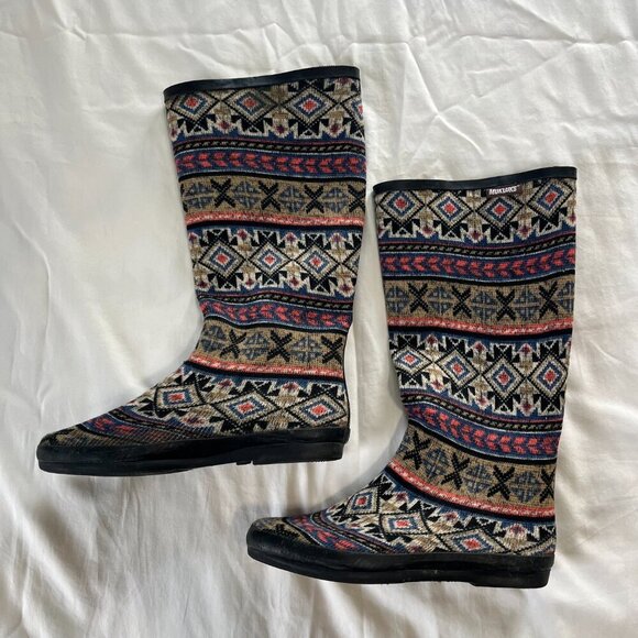 Muk Luks Aubrey Knit Rubber Tall Rain Boots Southwestern Stripe | Size 10 - Picture 3 of 6